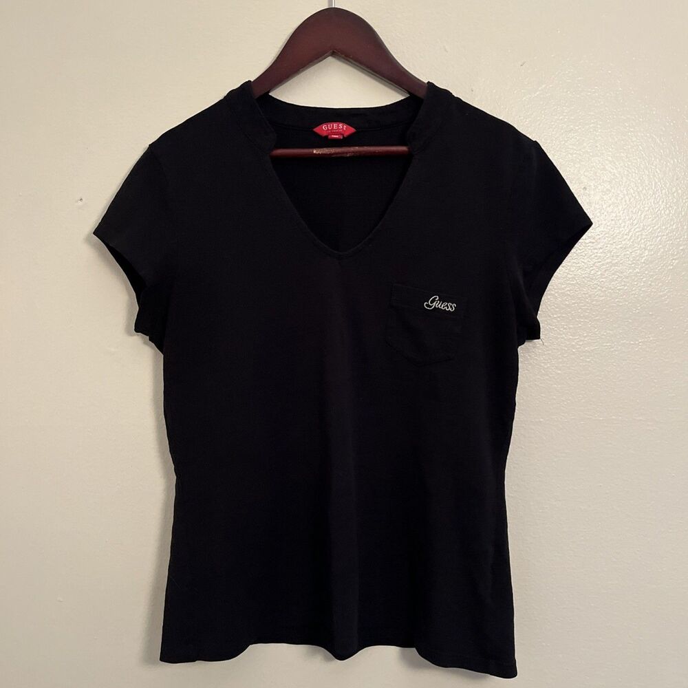 GUESS Pique Cotton Vintage Y2K Scoop Neck Embroidered Pocket Tee, Black- Large